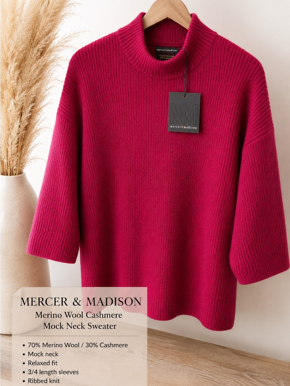 Mercer & Madison Merino Wool Cashmere Mock Neck Sweater Pink L NWT